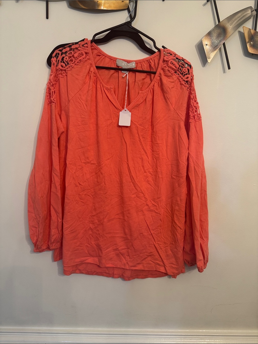 Carolyn Taylor Coral Crochet-Shoulder Peasant Blouse